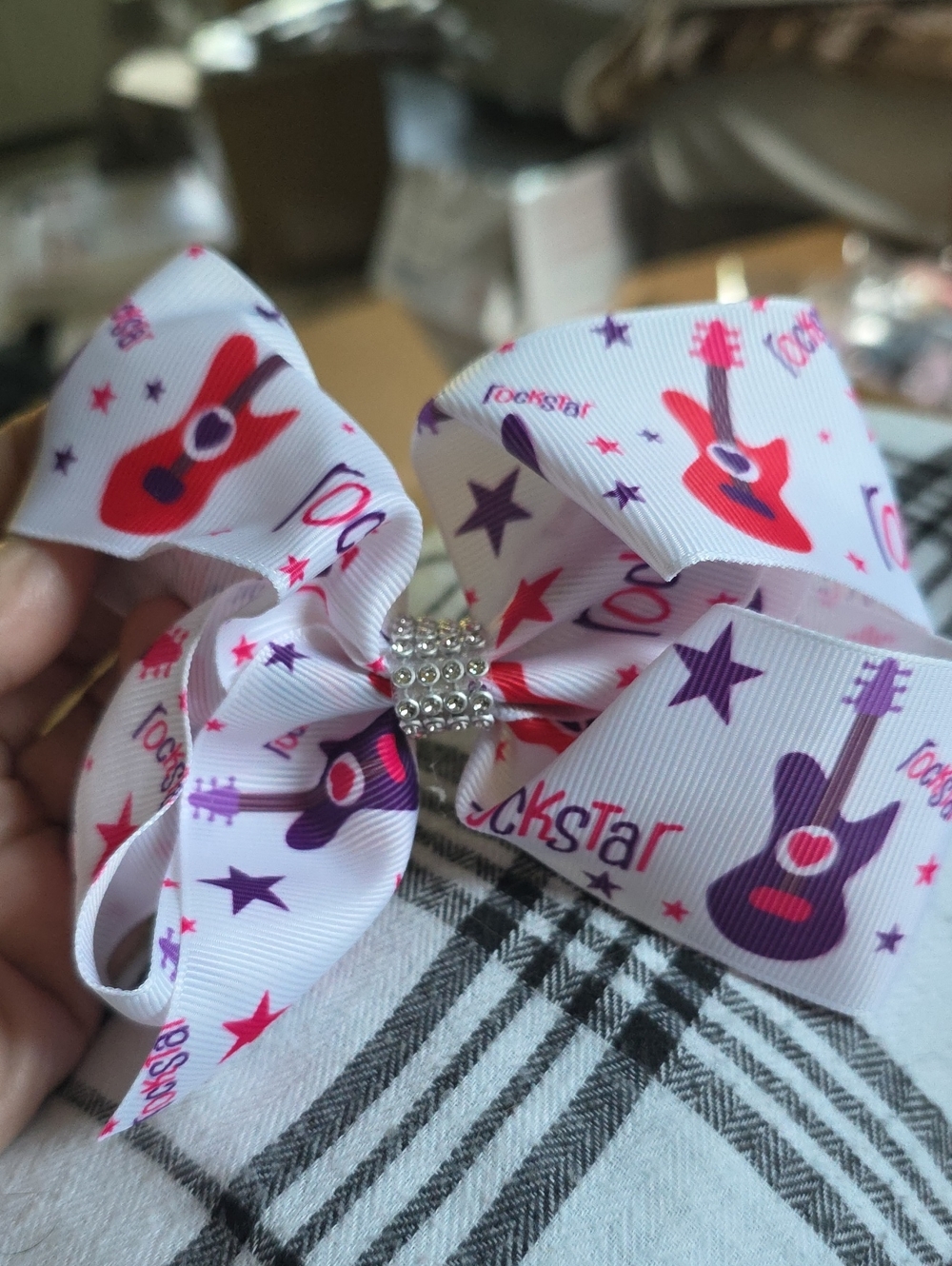 Kids 'Rockstar' White Bow Hair Clip with Purple & Red Guitar Print